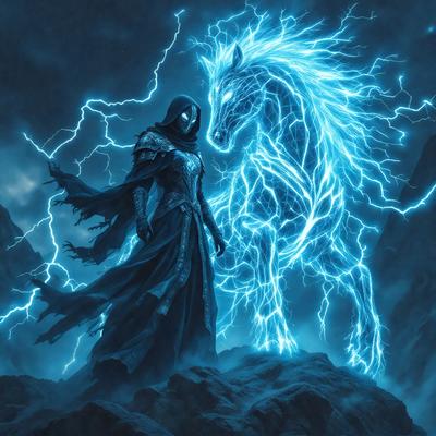 The primary subject of the image is a person dressed in a dark robe, standing next to a blue horse. The setting appears to be a rocky landscape, with a sky visible in the background. The visual style of the image is digital art, as it is a well-crafted and detailed illustration. The dominant colors in the image are blue and black, creating a moody and dramatic atmosphere.